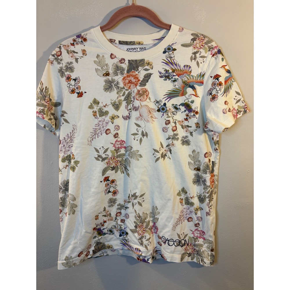 Johnny Was Sasson Ivory Floral Short Sleeve Tee Shirt S Cotton